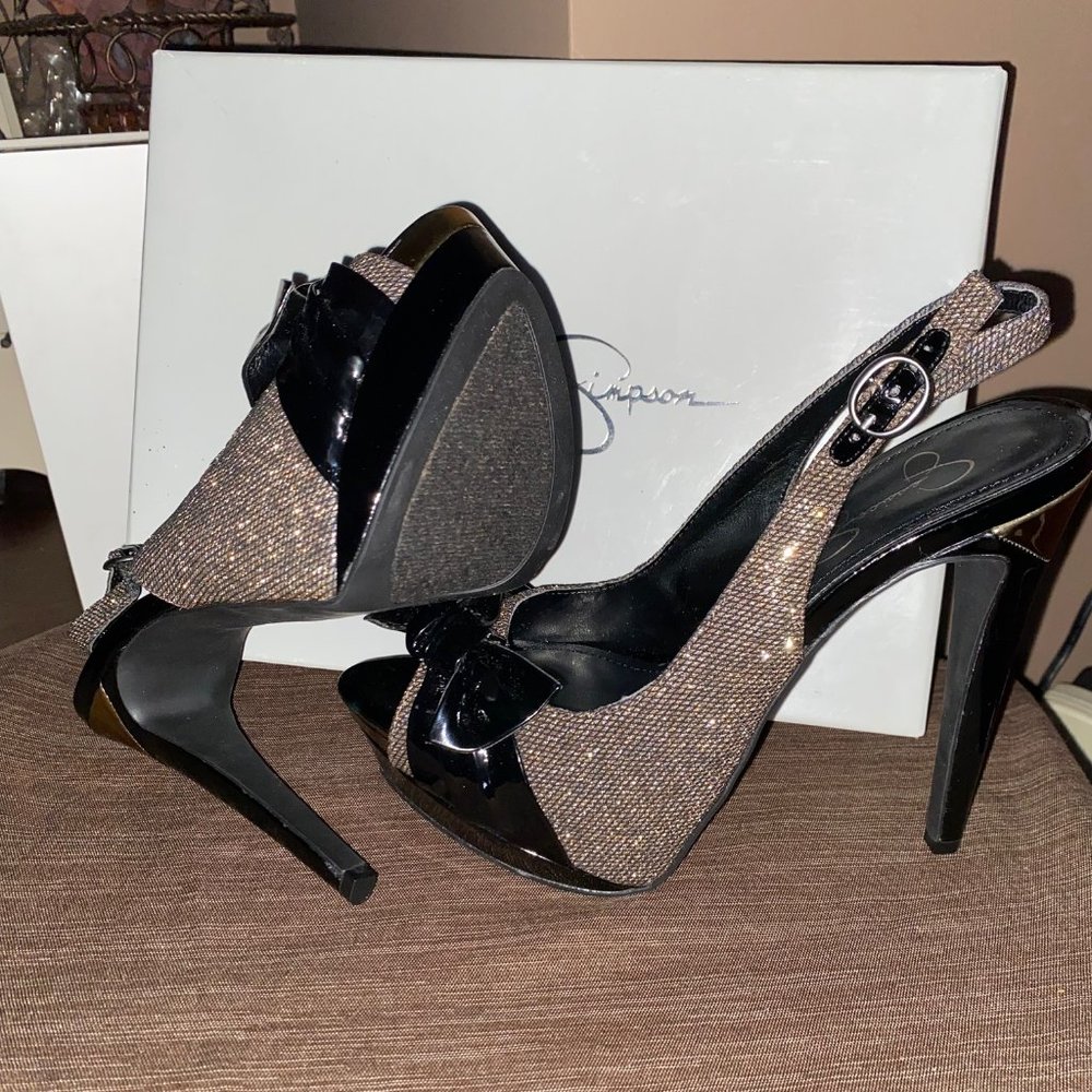 Jessica Simpson sierra 2 Platform platinum glitter mesh with bow Size 7M New!